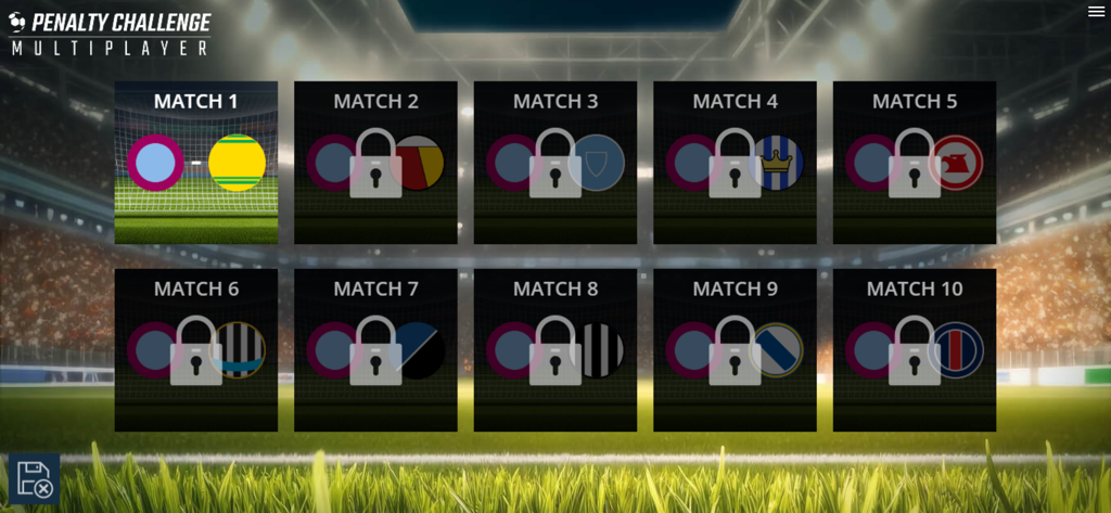 Penalty Challenge Multiplayer - Penalty Challenge Multiplayer game screen showing a list of soccer matches to unlock