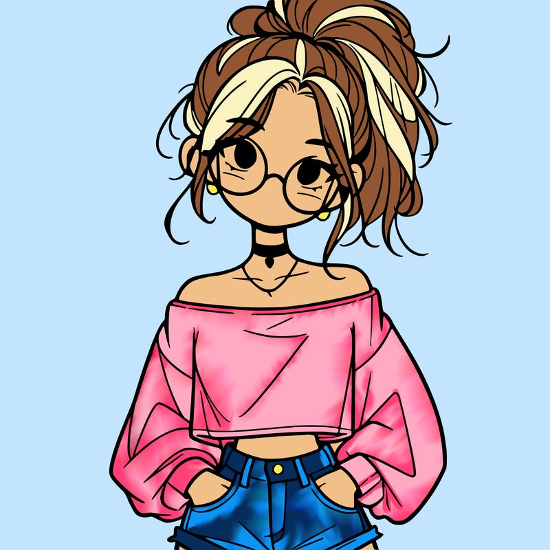 girl with a messy ponytail glasses a baggy crop top and jean shorts
