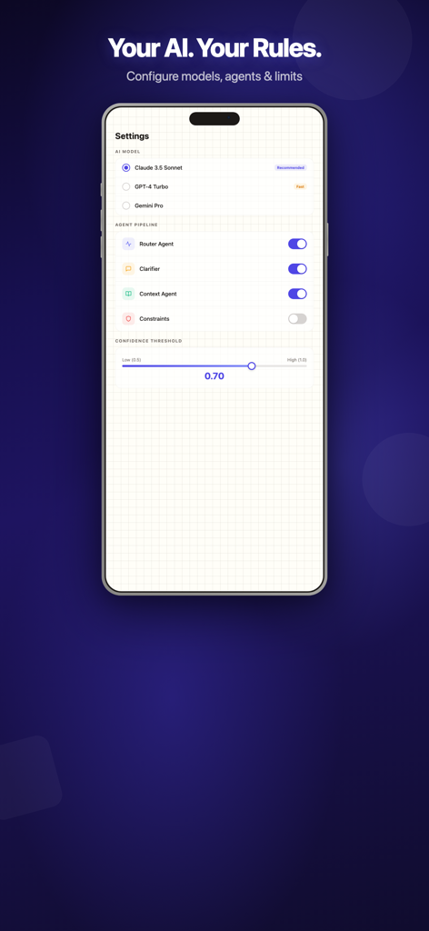 Smartphone screen displaying Meta Prompt settings for AI model selection and agent pipeline management