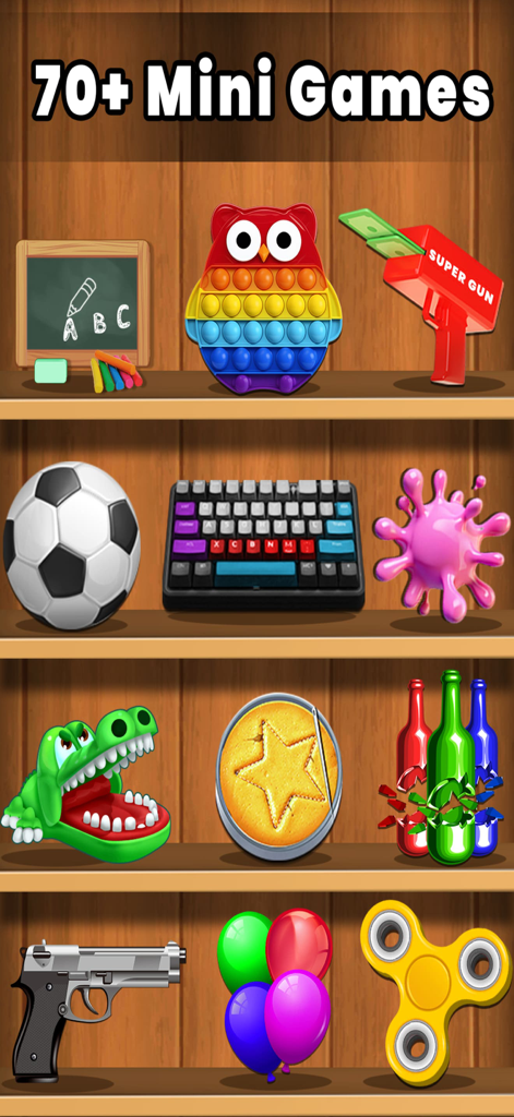 Mini Fidget Toys & Pop it Game - A collection of over 70 mini games and fidget toys displayed on wooden shelves