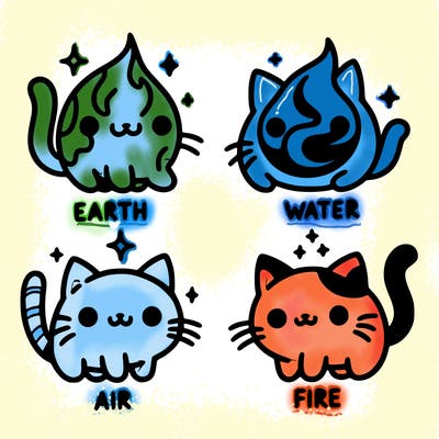 4 cats that represent the different elements, earth, water, air, and fire