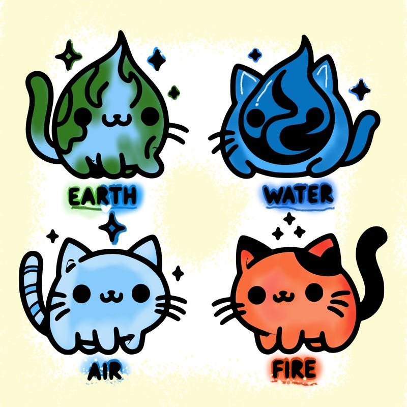 4 cats that represent the different elements, earth, water, air, and fire