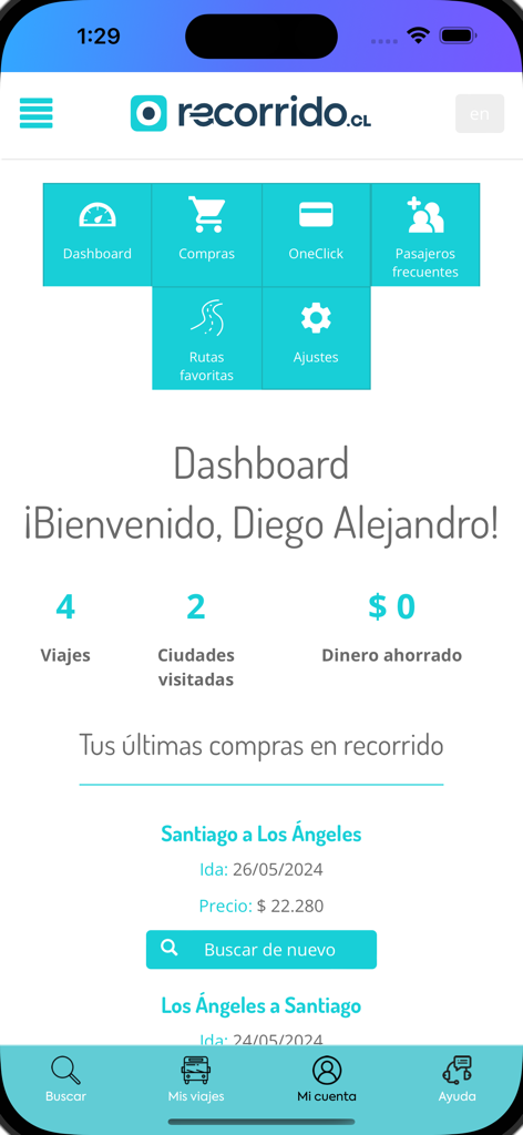 Tableau de bord utilisateur de l'application de réservation de bus Recorrido affichant les statistiques de voyage et les achats de billets récents pour des itinéraires comme Santiago à Los Angeles.