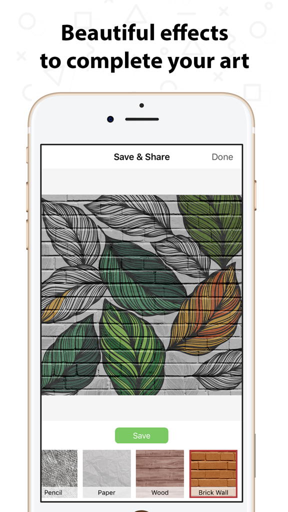 Coloring Book - Color Me - Smartphone screen showing leaf artwork with a brick wall texture effect in the Color Me coloring app