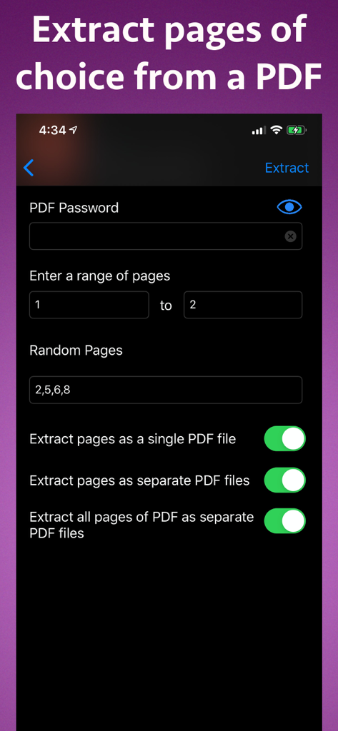 PDF pages Extractor & Splitter - Interfaz para extraer páginas específicas de un archivo PDF en iPhone