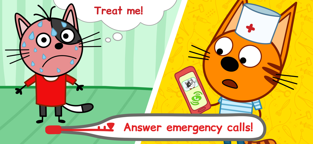 A cat doctor character answering an emergency medical call from a sick kitten.
