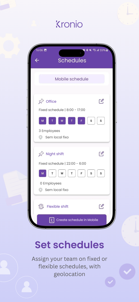 Kronio - Mobile app screen for setting office and night shift schedules with geolocation