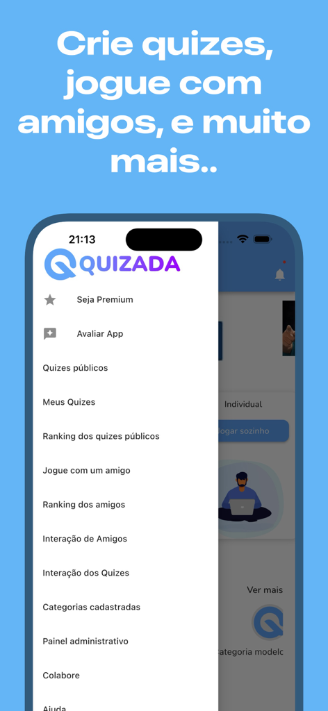 Quizada - The main navigation menu of the Quizada app showing features like creating quizzes, public quizzes, and friend rankings.