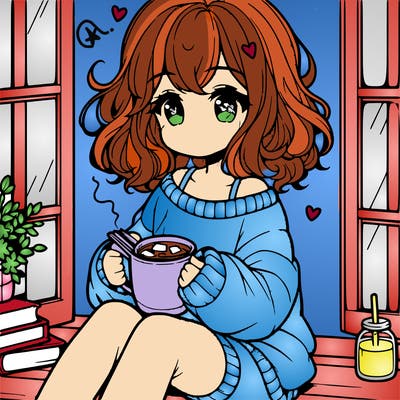 cute anime girl reading book and drinking hot chocolate from mug with loose wavy hair wearing a baggy sweatshirt and shorts sitting by windowsill looking out