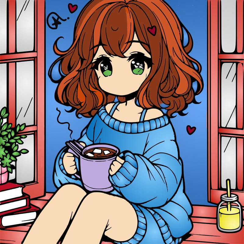 cute anime girl reading book and drinking hot chocolate from mug with loose wavy hair wearing a baggy sweatshirt and shorts sitting by windowsill looking out