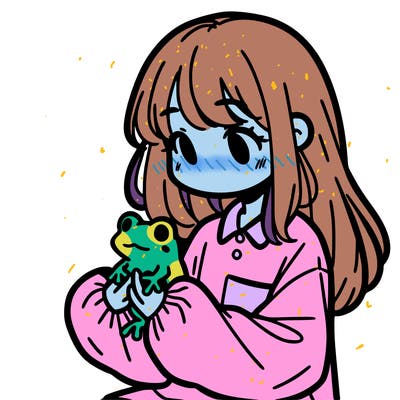girl with long hair and a oversized shirt. and she is holding a frog