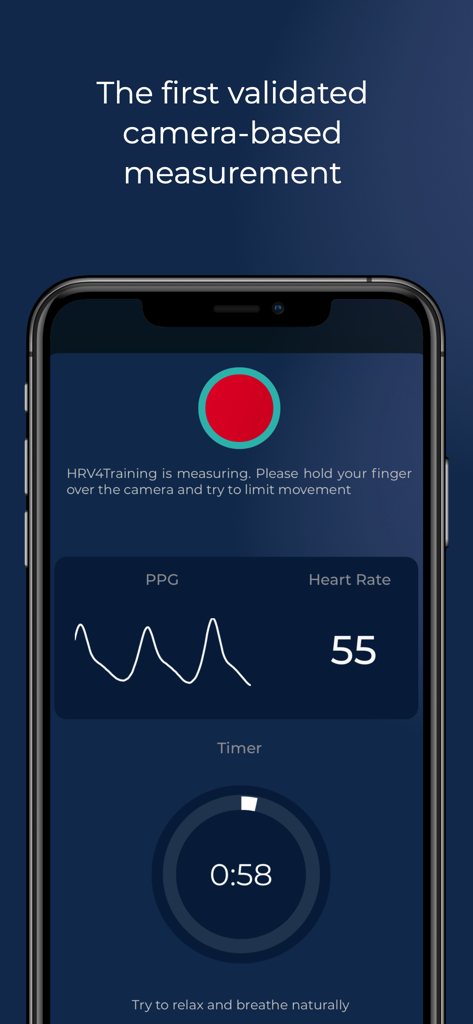 HRV4Training - HRV4Training app interface showing a validated camera-based heart rate and HRV measurement with a PPG waveform and timer