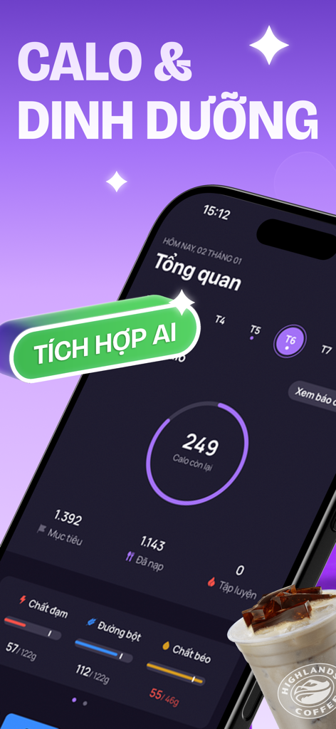 Wao - Food & Calorie Counter - Wao app dashboard showing calorie counting and macro tracking with AI integration and Vietnamese food icons.