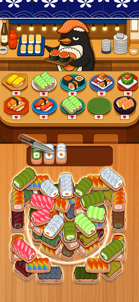 Sushi Sort - Jam Puzzle Games - A penguin chef serving sushi in a colorful sorting puzzle game