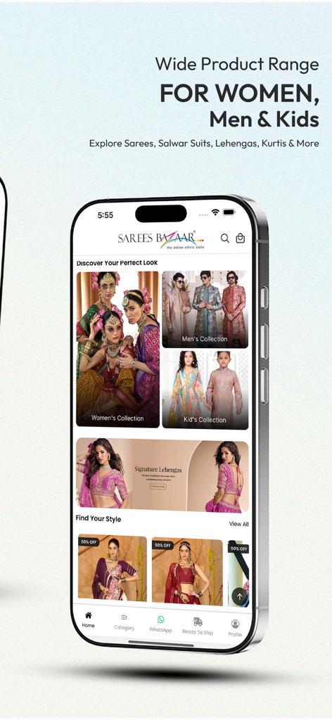 Sarees Bazaar - Ethnic Store - Sarees Bazaar mobile app interface displaying ethnic wear collections for women men and kids