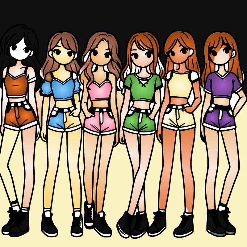 a group of girls wearing crop tops and shorts
