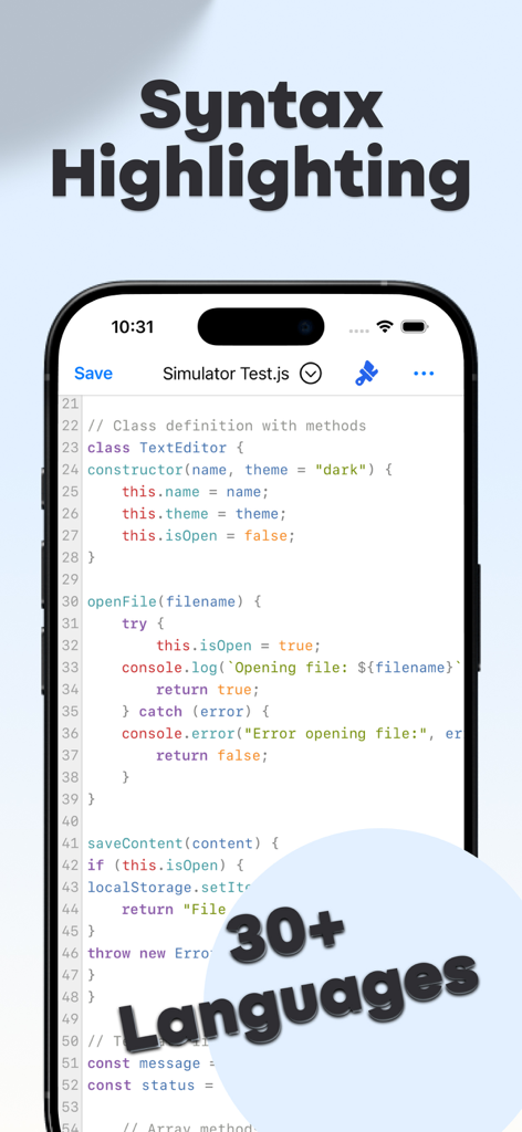 Interface do aplicativo Monote mostrando realce de sintaxe para código JavaScript em um dispositivo móvel.