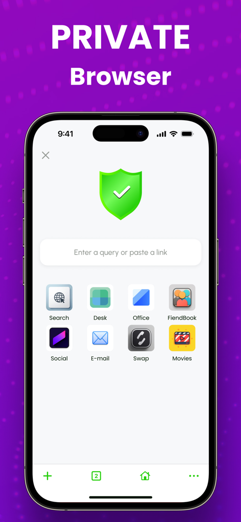 Private browser interface of Fast VPN app on iPhone featuring a search bar and secure browsing shield icon