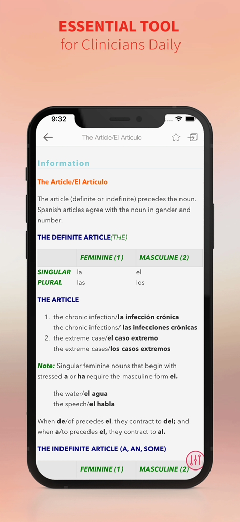 Spanish-English-Spanish Dict - La aplicación Diccionario Médico Español-Inglés que muestra una página de referencia gramatical para artículos con ejemplos médicos como infección crónica.