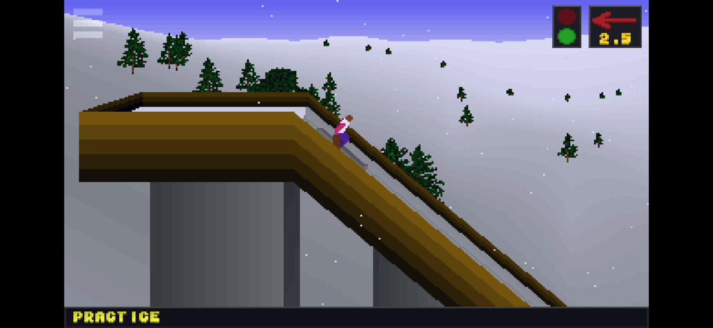 Captura de pantalla de arte pixelado retro de un saltador de esquí en la rampa en el modo de práctica de Deluxe Ski Jump 2