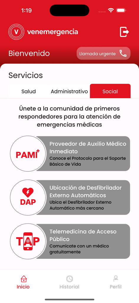 Venemergencia - Venemergencia mobile app interface displaying social services including immediate medical aid and public access telemedicine in Spanish