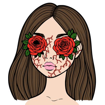 a realistic girl with roses for eyes