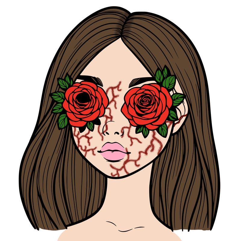 a realistic girl with roses for eyes