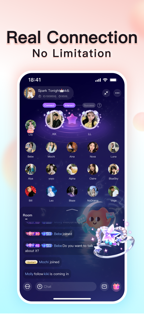 ByMe -Stand by Me! - Una captura de pantalla de la aplicación ByMe que muestra una sala de chat de audio anónima con múltiples avatares de usuario y funciones de interacción social.