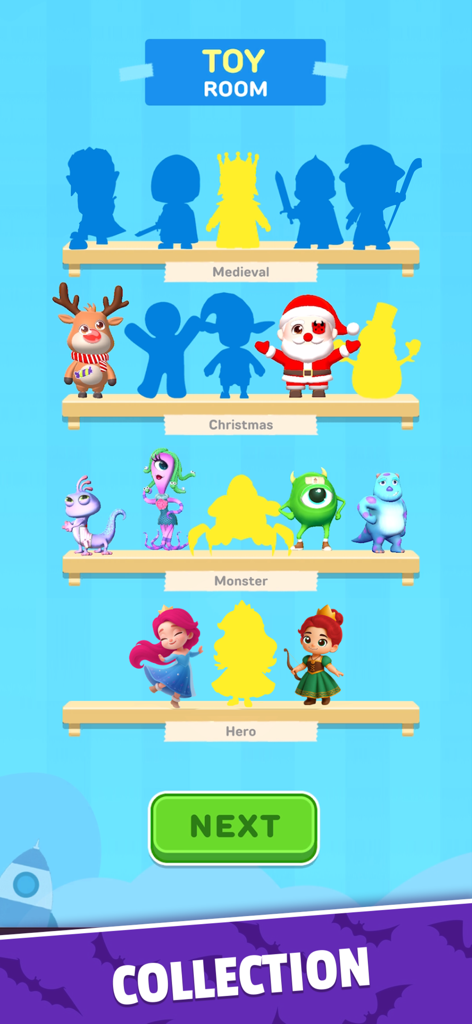 A digital toy room with shelves of collected characters and silhouettes organized by themes.