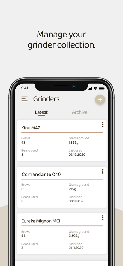 Beanconqueror app screen showing a list of coffee grinders including Kinu M47 and Comandante C40 with detailed usage statistics.