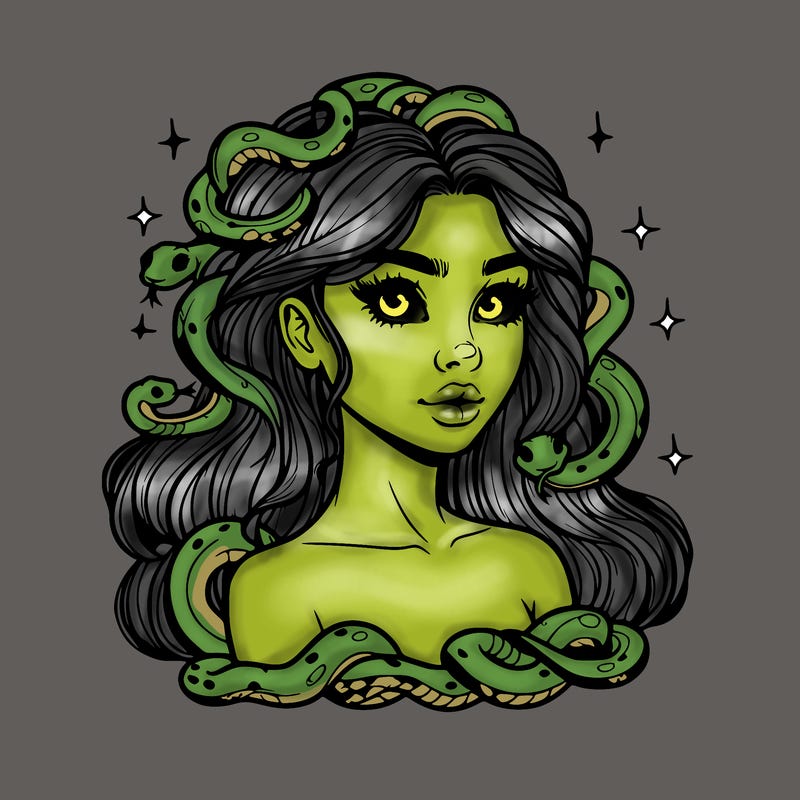 realistic girl with snakes as hair