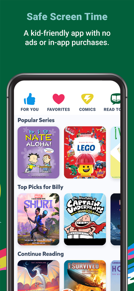 Epic kids reading app library showing popular book series and a message about safe ad-free screen time.