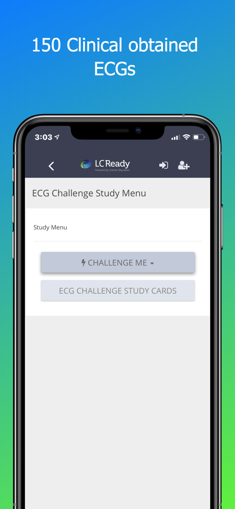 ECG Challenge mobile App-Oberfläche, die das Studienmenü mit Optionen für Herausforderungen und Lernkarten anzeigt.