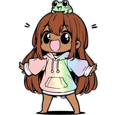 a excited chibi girl whith long hair and a baggy shirt whith a frog on there head