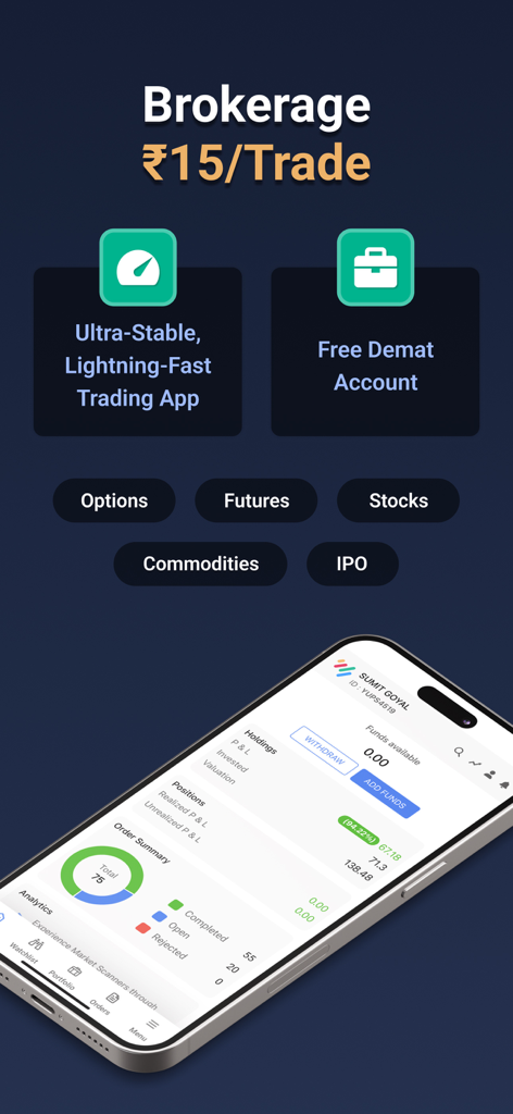 TradeSmart mobile app interface showing stock trading dashboard and low brokerage fees