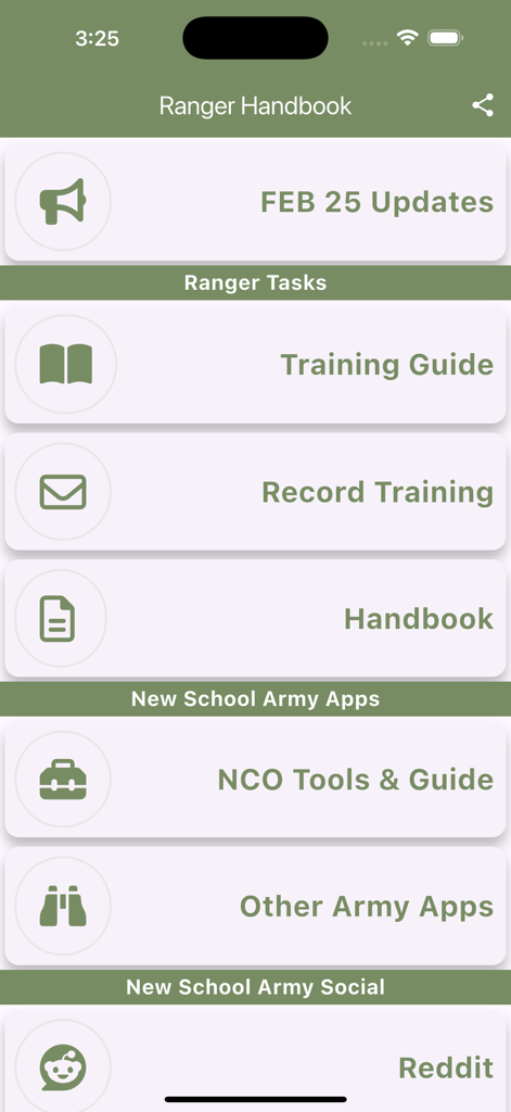 Army Ranger Handbook Trainer - Main menu of the Army Ranger Handbook Trainer app featuring sections for training guides records and tactical resources