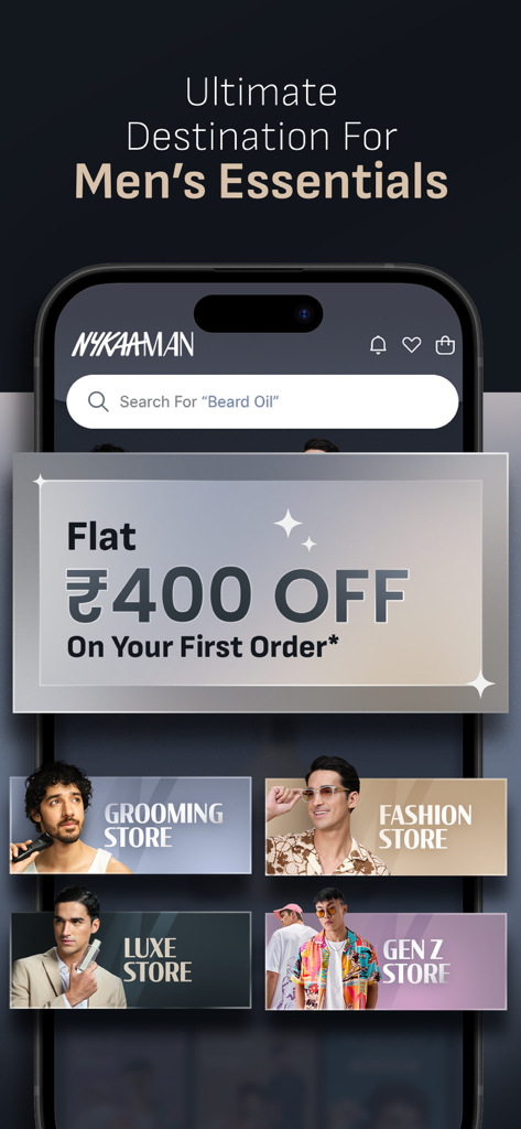 Nykaa Man-Men's Shopping App - Nykaa Manモバイルアプリのホームページ。男性用グルーミングとファッションのカテゴリ、初回注文割引バナーが表示されています。