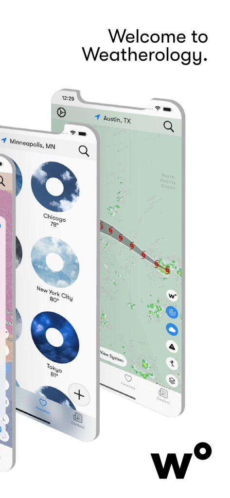 Weatherology: Weather Together - Weatherology app interface showing the welcome screen city forecasts and a storm tracking radar map