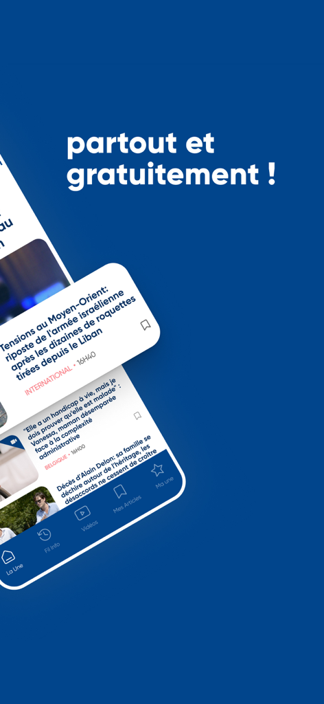 RTL info mobile app interface showing various news articles on a blue background