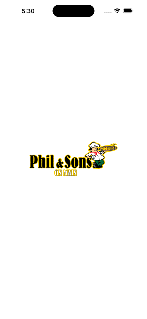 Pantalla de bienvenida de la aplicación de pizza Phil and Sons con el logo del restaurante y un chef de dibujos animados sosteniendo una pizza