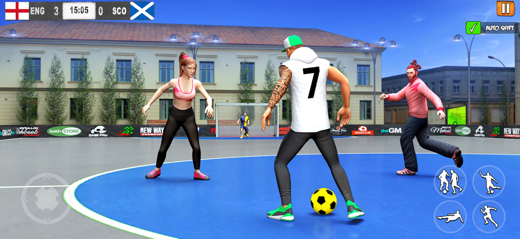 Street Soccer - Futsal 2026 - Gameplay screenshot of Street Soccer Futsal 2026 showing a player dribbling on an urban outdoor court during a match