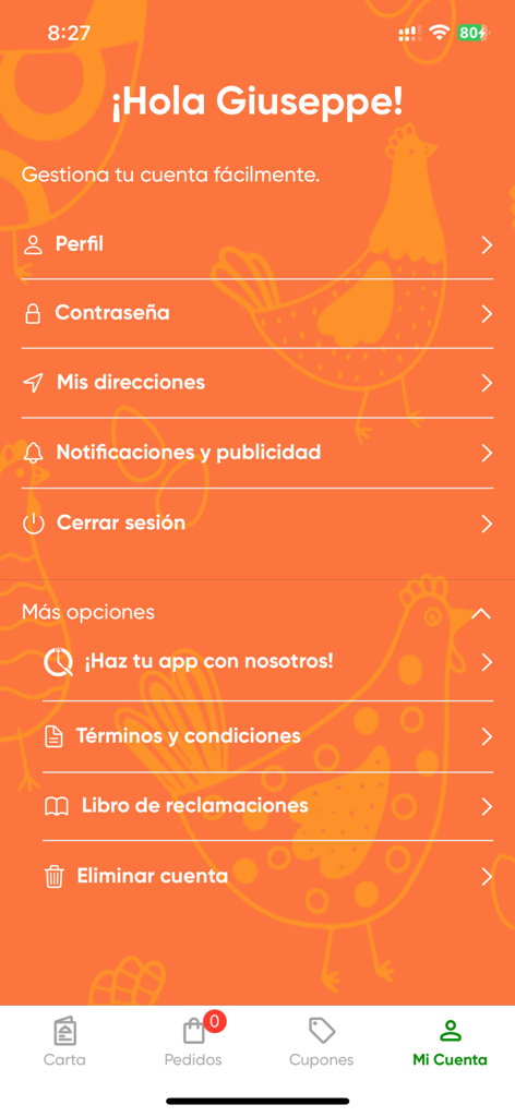 Caporal - Caporalアプリのユーザーアカウント管理画面。プロフィール設定と配達先住所が表示されており、オレンジ色の背景にチキンのイラストがあります。