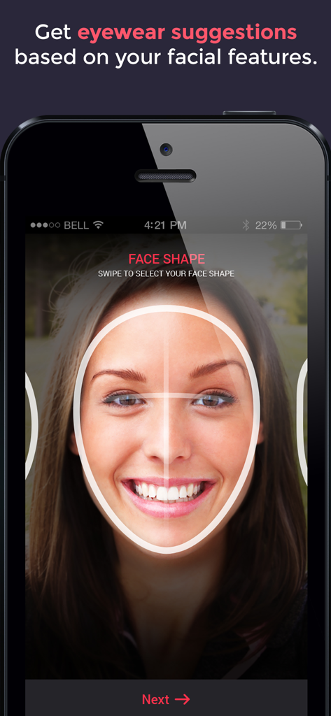 A woman using the Glassify app to scan her face shape for eyewear suggestions.