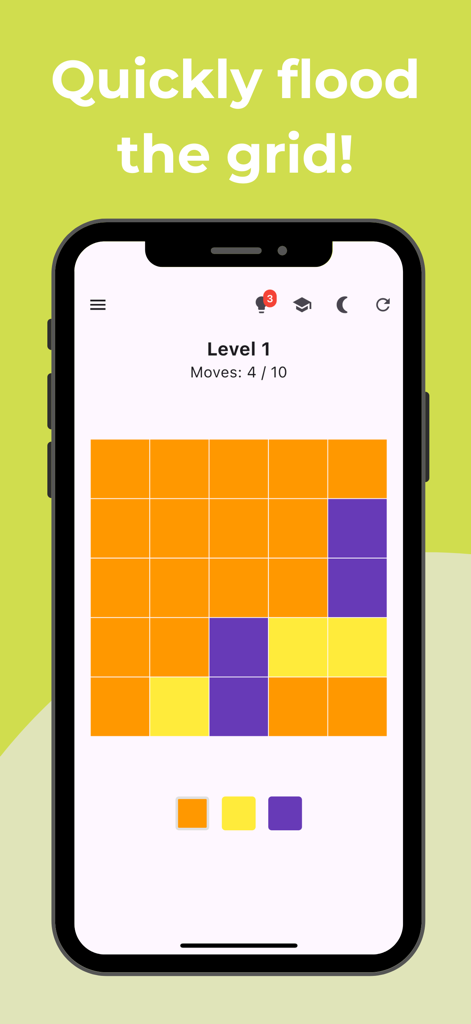 Color Flood: Logic Puzzle - A minimalist grid based color matching puzzle game on a mobile screen.