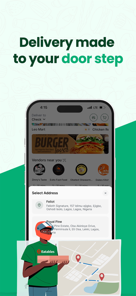 Eatables - Eatables app showing address selection and a delivery person with a pizza box and delivery map.