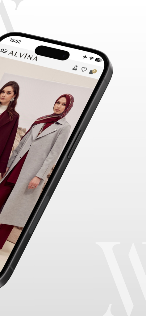Alvinaアプリのインターフェース。モデストな女性用衣料品とエレガントなアウトフィットが表示されています