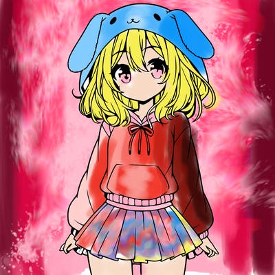 pretty anime girl wearing a fluffy hoodie with bunny ears on the hood and a skirt