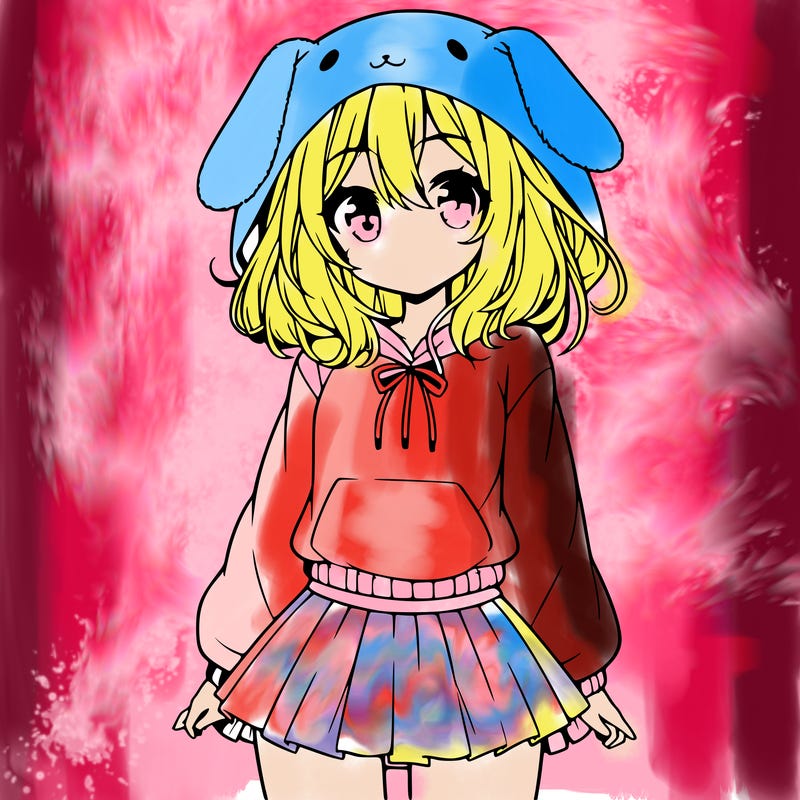 pretty anime girl wearing a fluffy hoodie with bunny ears on the hood and a skirt