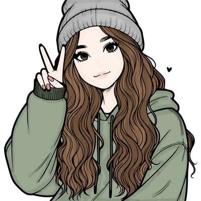a teenage girl in a beanie, oversized sweatshirt, wavy long hair, and is showing a ✌️