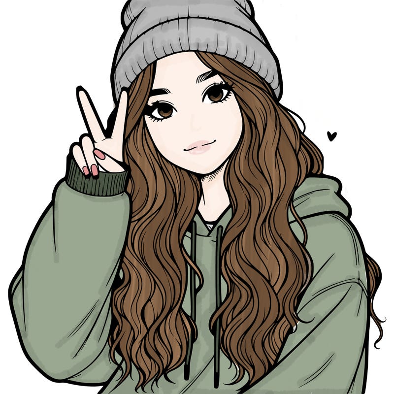 a teenage girl in a beanie, oversized sweatshirt, wavy long hair, and is showing a ✌️